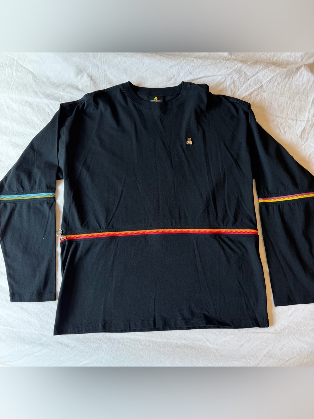 Teddy Fresh Black Long-Sleeve Tee Shirt with Functional Multi- Color Zippers